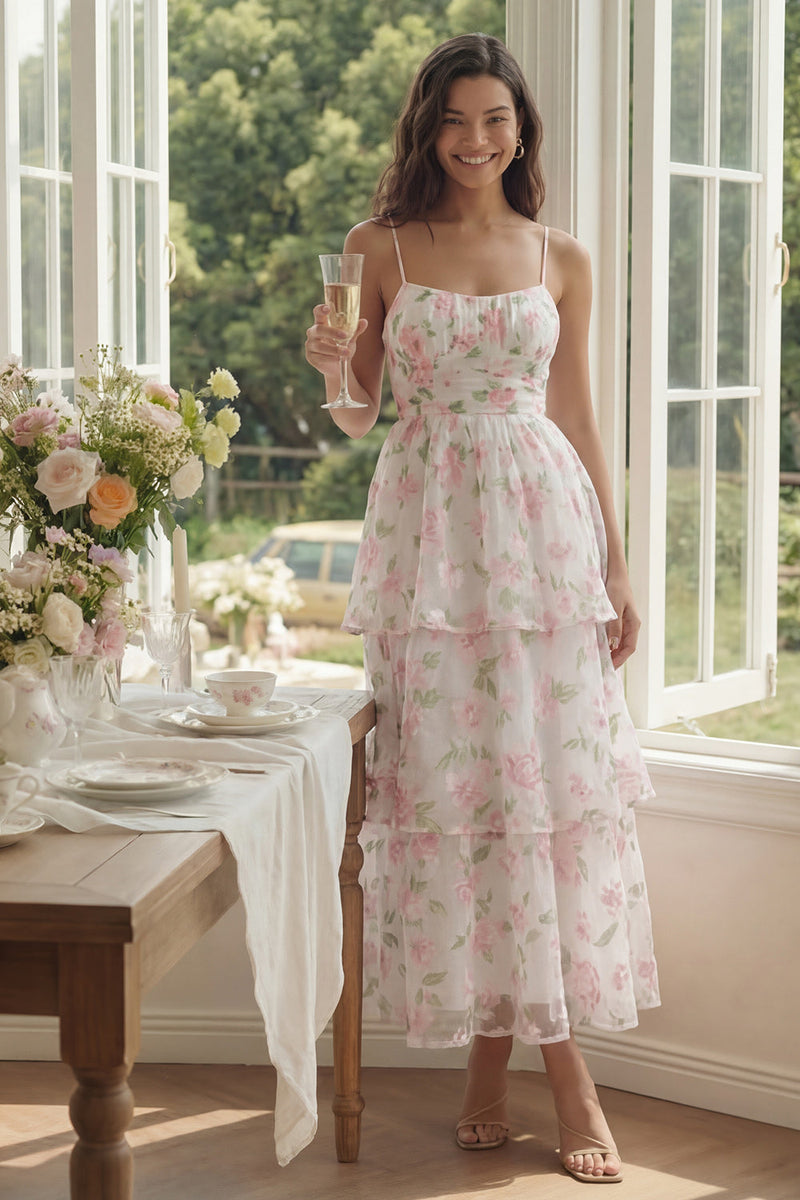 Laden Sie das Bild in den Galerie-Viewer, Weißes Rosa Blumiges A-Linie Spaghettiträger Langes Blumenkleid