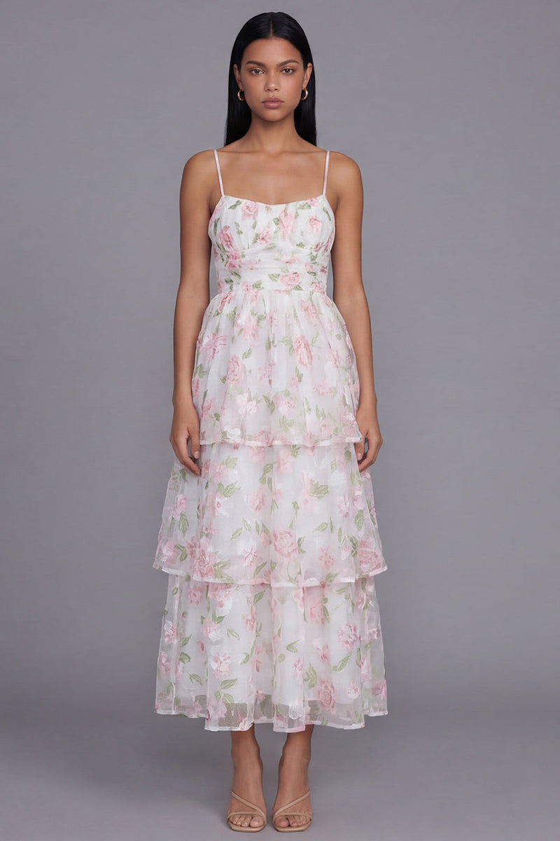 Laden Sie das Bild in den Galerie-Viewer, Weißes Rosa Blumiges A-Linie Spaghettiträger Langes Blumenkleid