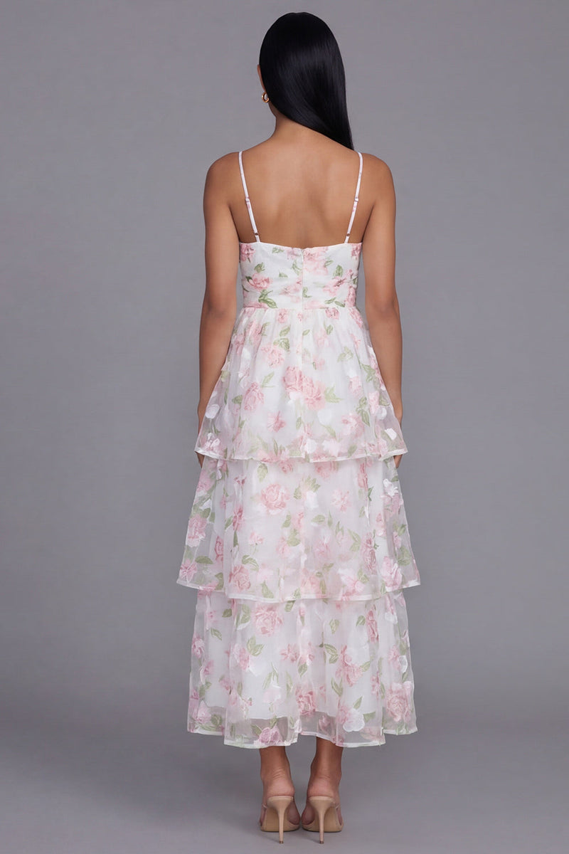 Laden Sie das Bild in den Galerie-Viewer, Weißes Rosa Blumiges A-Linie Spaghettiträger Langes Blumenkleid