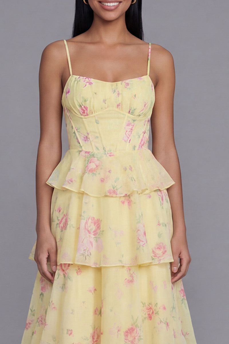 Laden Sie das Bild in den Galerie-Viewer, Weißes Rosa Blumiges A-Linie Spaghettiträger Langes Blumenkleid