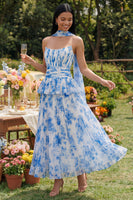 Laden Sie das Bild in den Galerie-Viewer, A-Linie staubiges Salbei-Trägerloses, plissiertes, gerafftes Midi-Kleid mit Rüschen und Halsschal