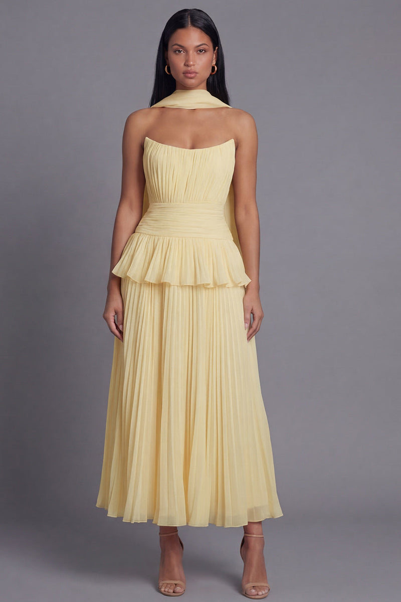 Laden Sie das Bild in den Galerie-Viewer, A-Linie staubiges Salbei-Trägerloses, plissiertes, gerafftes Midi-Kleid mit Rüschen und Halsschal