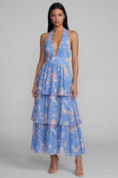 Laden Sie das Bild in den Galerie-Viewer, Blaues Blaues Blumiges Neckholder Gerafftes Langes Blumenkleid mit Schleife