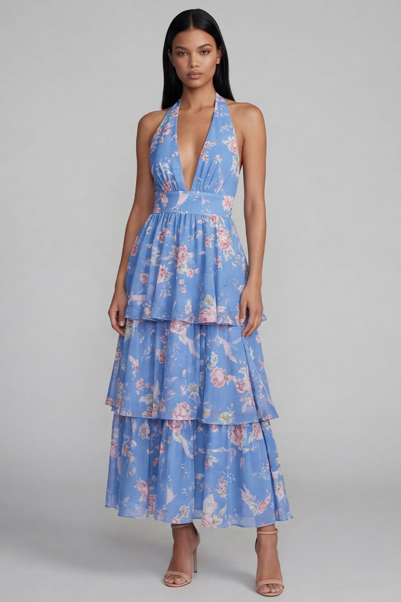 Laden Sie das Bild in den Galerie-Viewer, Blaues Blaues Blumiges Neckholder Gerafftes Langes Blumenkleid mit Schleife