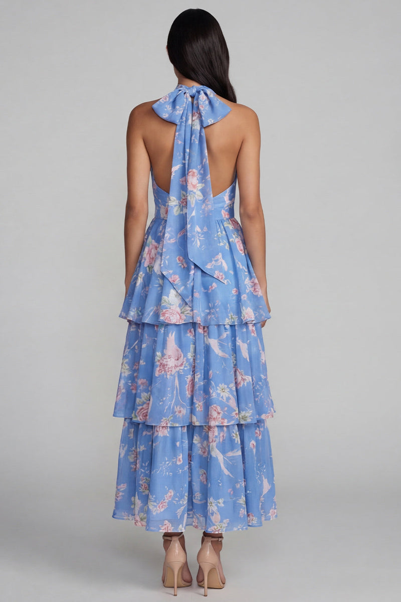 Laden Sie das Bild in den Galerie-Viewer, Blaues Blaues Blumiges Neckholder Gerafftes Langes Blumenkleid mit Schleife