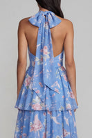 Laden Sie das Bild in den Galerie-Viewer, Blaues Blaues Blumiges Neckholder Gerafftes Langes Blumenkleid mit Schleife
