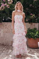 Laden Sie das Bild in den Galerie-Viewer, Chiffon-Weiße, rosa, blumige trägerlose Scheide mit Rüschen, langes Hochzeitskleid mit Halsschal