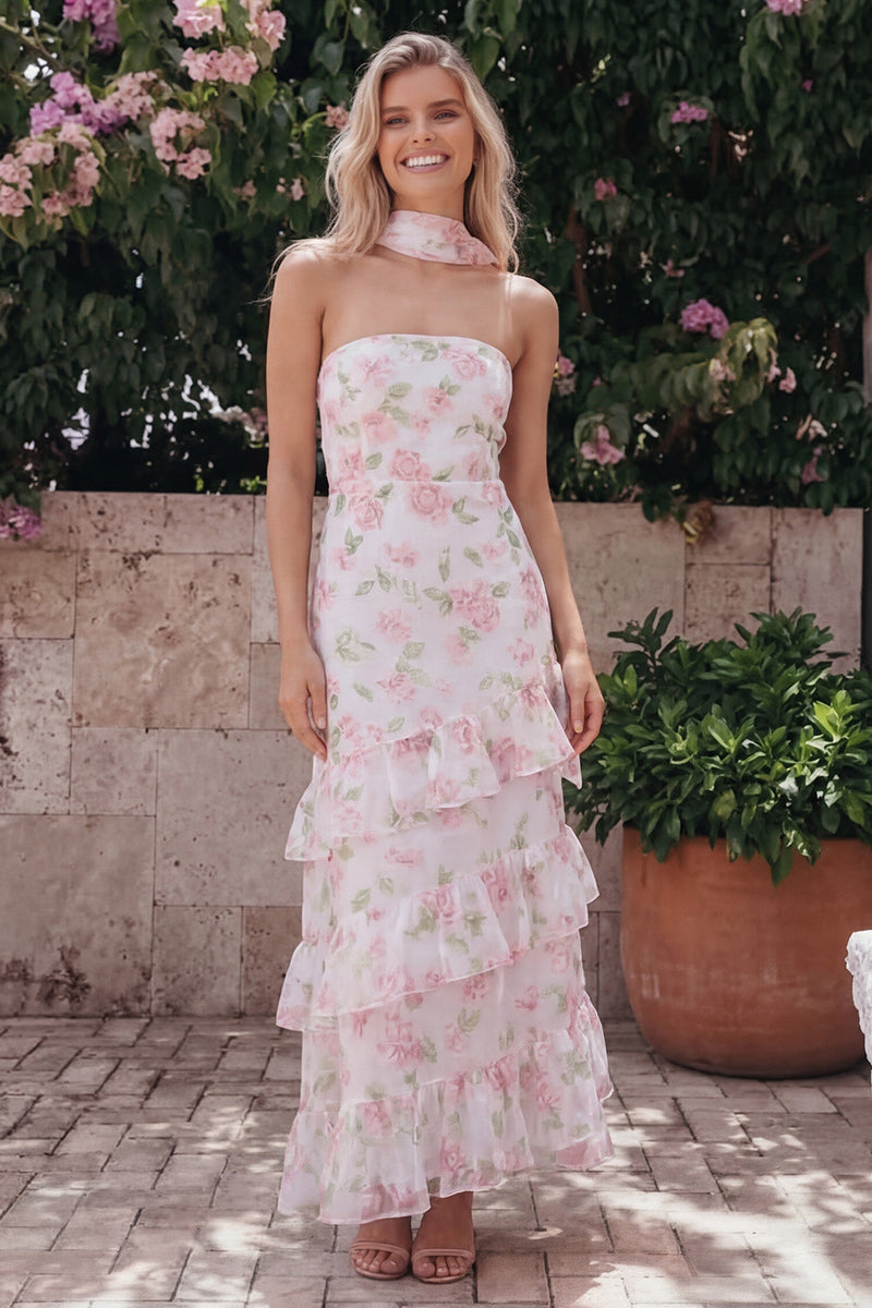 Laden Sie das Bild in den Galerie-Viewer, Chiffon-Weiße, rosa, blumige trägerlose Scheide mit Rüschen, langes Hochzeitskleid mit Halsschal