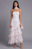 Laden Sie das Bild in den Galerie-Viewer, Chiffon-Weiße, rosa, blumige trägerlose Scheide mit Rüschen, langes Hochzeitskleid mit Halsschal