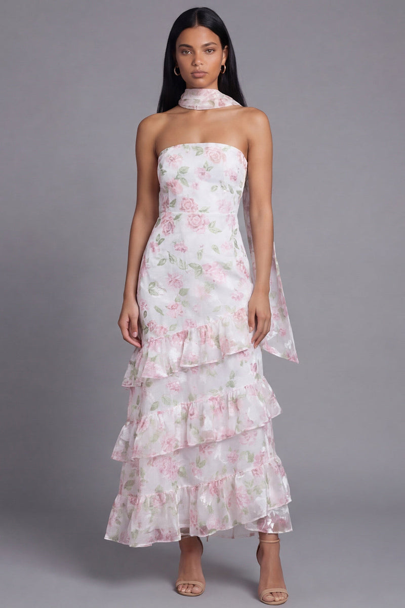 Laden Sie das Bild in den Galerie-Viewer, Chiffon-Weiße, rosa, blumige trägerlose Scheide mit Rüschen, langes Hochzeitskleid mit Halsschal