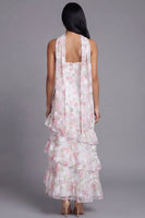 Laden Sie das Bild in den Galerie-Viewer, Chiffon-Weiße, rosa, blumige trägerlose Scheide mit Rüschen, langes Hochzeitskleid mit Halsschal