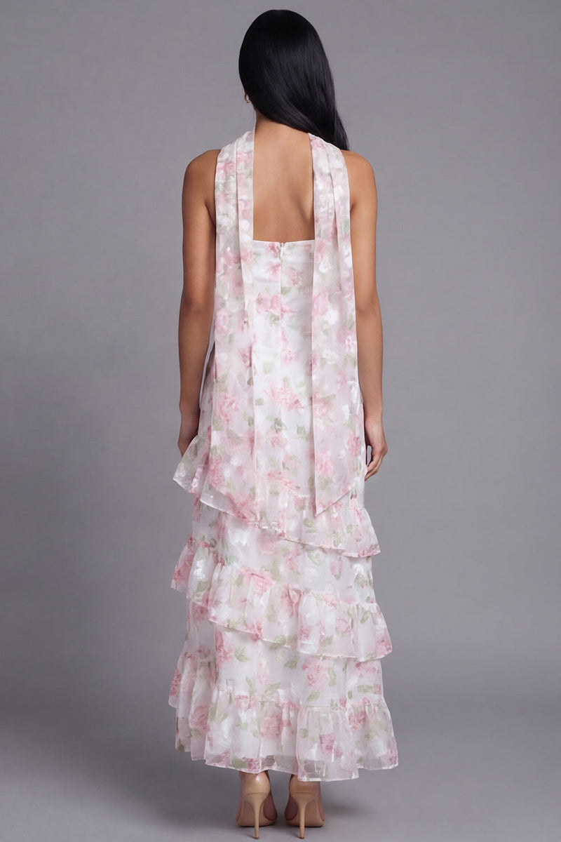Laden Sie das Bild in den Galerie-Viewer, Chiffon-Weiße, rosa, blumige trägerlose Scheide mit Rüschen, langes Hochzeitskleid mit Halsschal