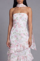 Laden Sie das Bild in den Galerie-Viewer, Chiffon-Weiße, rosa, blumige trägerlose Scheide mit Rüschen, langes Hochzeitskleid mit Halsschal