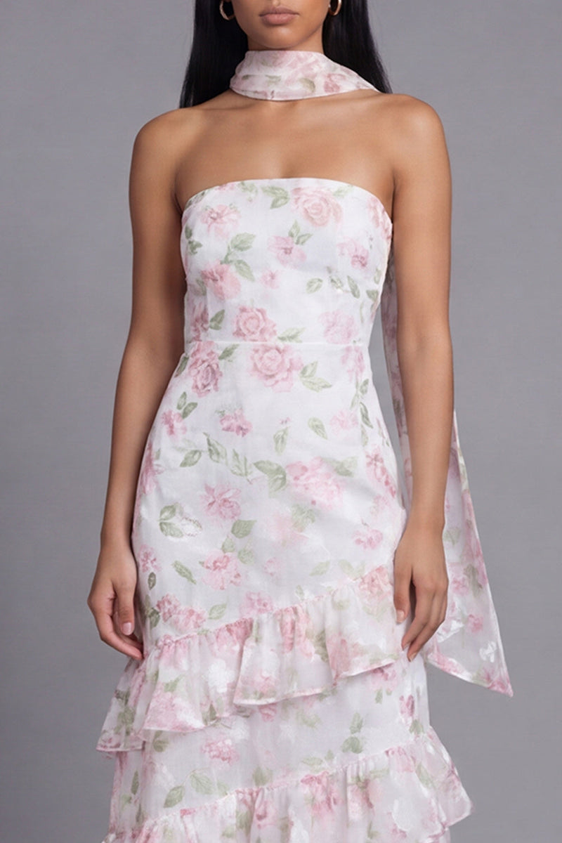 Laden Sie das Bild in den Galerie-Viewer, Chiffon-Weiße, rosa, blumige trägerlose Scheide mit Rüschen, langes Hochzeitskleid mit Halsschal