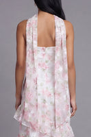 Laden Sie das Bild in den Galerie-Viewer, Chiffon-Weiße, rosa, blumige trägerlose Scheide mit Rüschen, langes Hochzeitskleid mit Halsschal