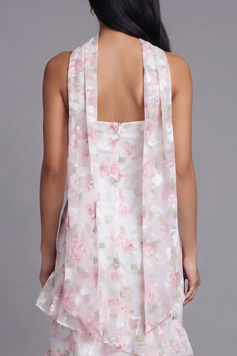 Laden Sie das Bild in den Galerie-Viewer, Chiffon-Weiße, rosa, blumige trägerlose Scheide mit Rüschen, langes Hochzeitskleid mit Halsschal