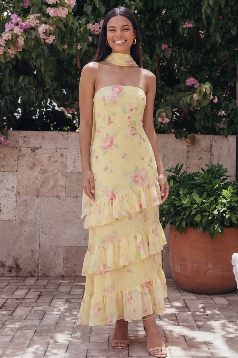 Laden Sie das Bild in den Galerie-Viewer, Chiffon-Weiße, rosa, blumige trägerlose Scheide mit Rüschen, langes Hochzeitskleid mit Halsschal