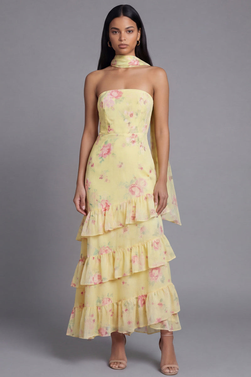 Laden Sie das Bild in den Galerie-Viewer, Chiffon-Weiße, rosa, blumige trägerlose Scheide mit Rüschen, langes Hochzeitskleid mit Halsschal