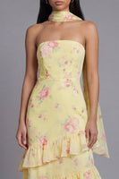Laden Sie das Bild in den Galerie-Viewer, Chiffon-Weiße, rosa, blumige trägerlose Scheide mit Rüschen, langes Hochzeitskleid mit Halsschal