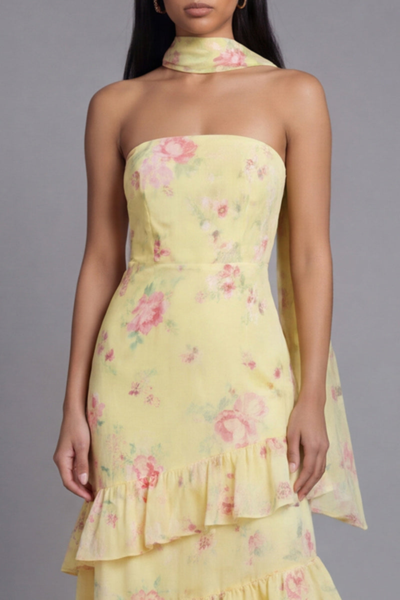 Laden Sie das Bild in den Galerie-Viewer, Chiffon-Weiße, rosa, blumige trägerlose Scheide mit Rüschen, langes Hochzeitskleid mit Halsschal