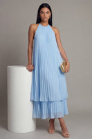 Laden Sie das Bild in den Galerie-Viewer, Halter-Ausschnitt A-Linie himmelblaues, plissiertes Maxikleid mit Schleife