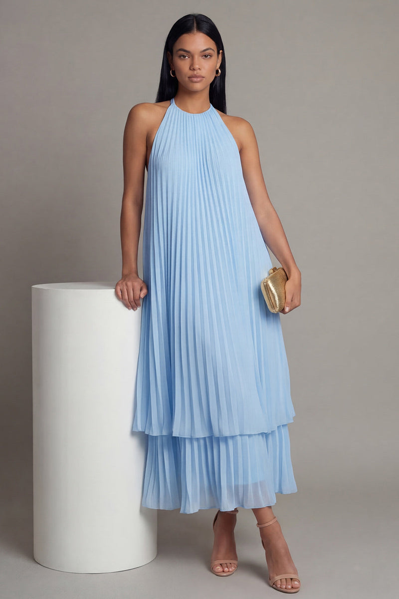 Laden Sie das Bild in den Galerie-Viewer, Halter-Ausschnitt A-Linie himmelblaues, plissiertes Maxikleid mit Schleife