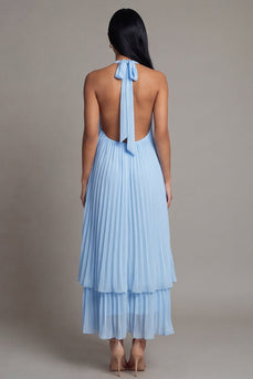 Halter-Ausschnitt A-Linie himmelblaues, plissiertes Maxikleid mit Schleife