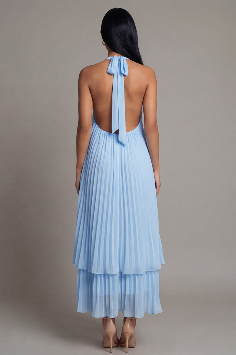 Laden Sie das Bild in den Galerie-Viewer, Halter-Ausschnitt A-Linie himmelblaues, plissiertes Maxikleid mit Schleife