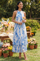 Laden Sie das Bild in den Galerie-Viewer, Halter-Ausschnitt A-Linie himmelblaues, plissiertes Maxikleid mit Schleife