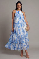 Laden Sie das Bild in den Galerie-Viewer, Halter-Ausschnitt A-Linie himmelblaues, plissiertes Maxikleid mit Schleife