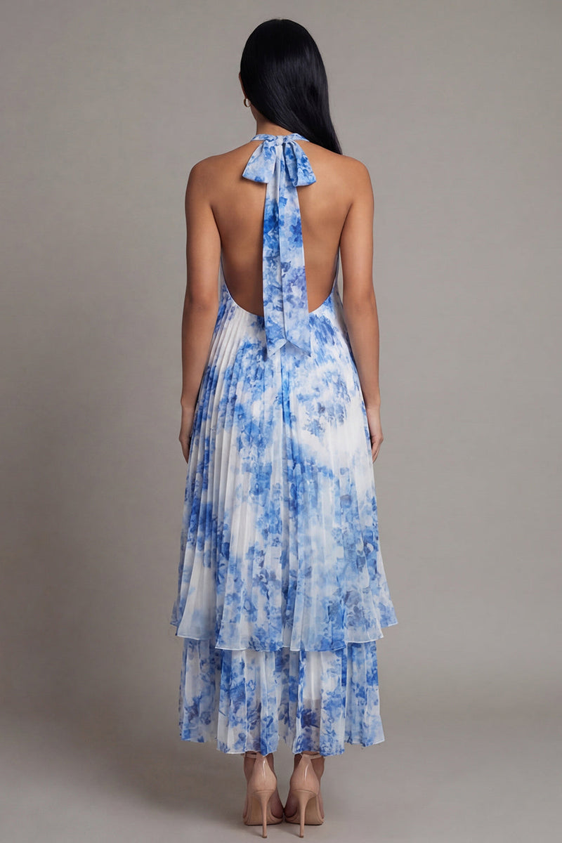 Laden Sie das Bild in den Galerie-Viewer, Halter-Ausschnitt A-Linie himmelblaues, plissiertes Maxikleid mit Schleife