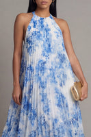 Laden Sie das Bild in den Galerie-Viewer, Halter-Ausschnitt A-Linie himmelblaues, plissiertes Maxikleid mit Schleife