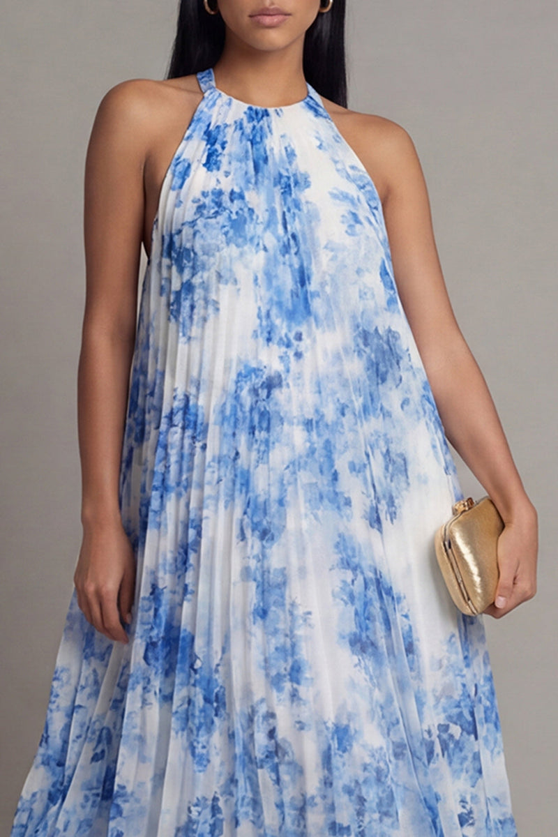 Laden Sie das Bild in den Galerie-Viewer, Halter-Ausschnitt A-Linie himmelblaues, plissiertes Maxikleid mit Schleife