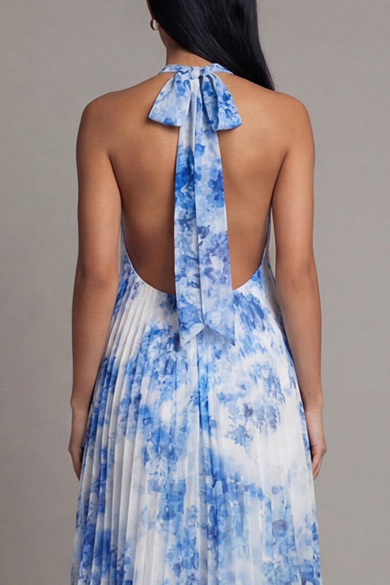 Laden Sie das Bild in den Galerie-Viewer, Halter-Ausschnitt A-Linie himmelblaues, plissiertes Maxikleid mit Schleife