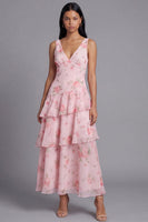 Laden Sie das Bild in den Galerie-Viewer, Pinkes Chiffon V-Ausschnitt, gestuftes, mit Blumenmuster und rüschendes langes Hochzeitskleid