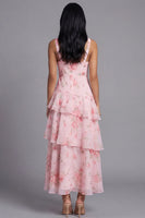 Laden Sie das Bild in den Galerie-Viewer, Pinkes Chiffon V-Ausschnitt, gestuftes, mit Blumenmuster und rüschendes langes Hochzeitskleid