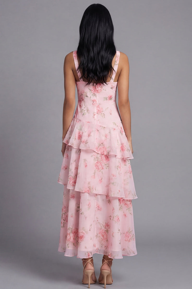 Laden Sie das Bild in den Galerie-Viewer, Pinkes Chiffon V-Ausschnitt, gestuftes, mit Blumenmuster und rüschendes langes Hochzeitskleid