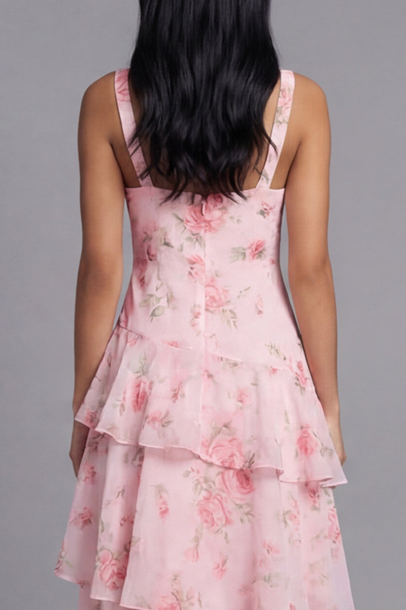 Laden Sie das Bild in den Galerie-Viewer, Pinkes Chiffon V-Ausschnitt, gestuftes, mit Blumenmuster und rüschendes langes Hochzeitskleid