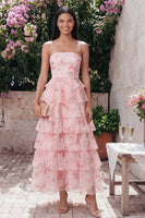 Laden Sie das Bild in den Galerie-Viewer, Rosa Trägerloses A-Linie Chiffon Gestuftes Langes Hochzeitsgastkleid mit Blumenmuster