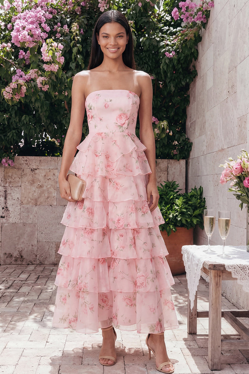 Laden Sie das Bild in den Galerie-Viewer, Rosa Trägerloses A-Linie Chiffon Gestuftes Langes Hochzeitsgastkleid mit Blumenmuster