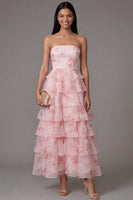 Laden Sie das Bild in den Galerie-Viewer, Rosa Trägerloses A-Linie Chiffon Gestuftes Langes Hochzeitsgastkleid mit Blumenmuster