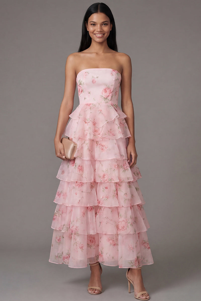 Laden Sie das Bild in den Galerie-Viewer, Rosa Trägerloses A-Linie Chiffon Gestuftes Langes Hochzeitsgastkleid mit Blumenmuster