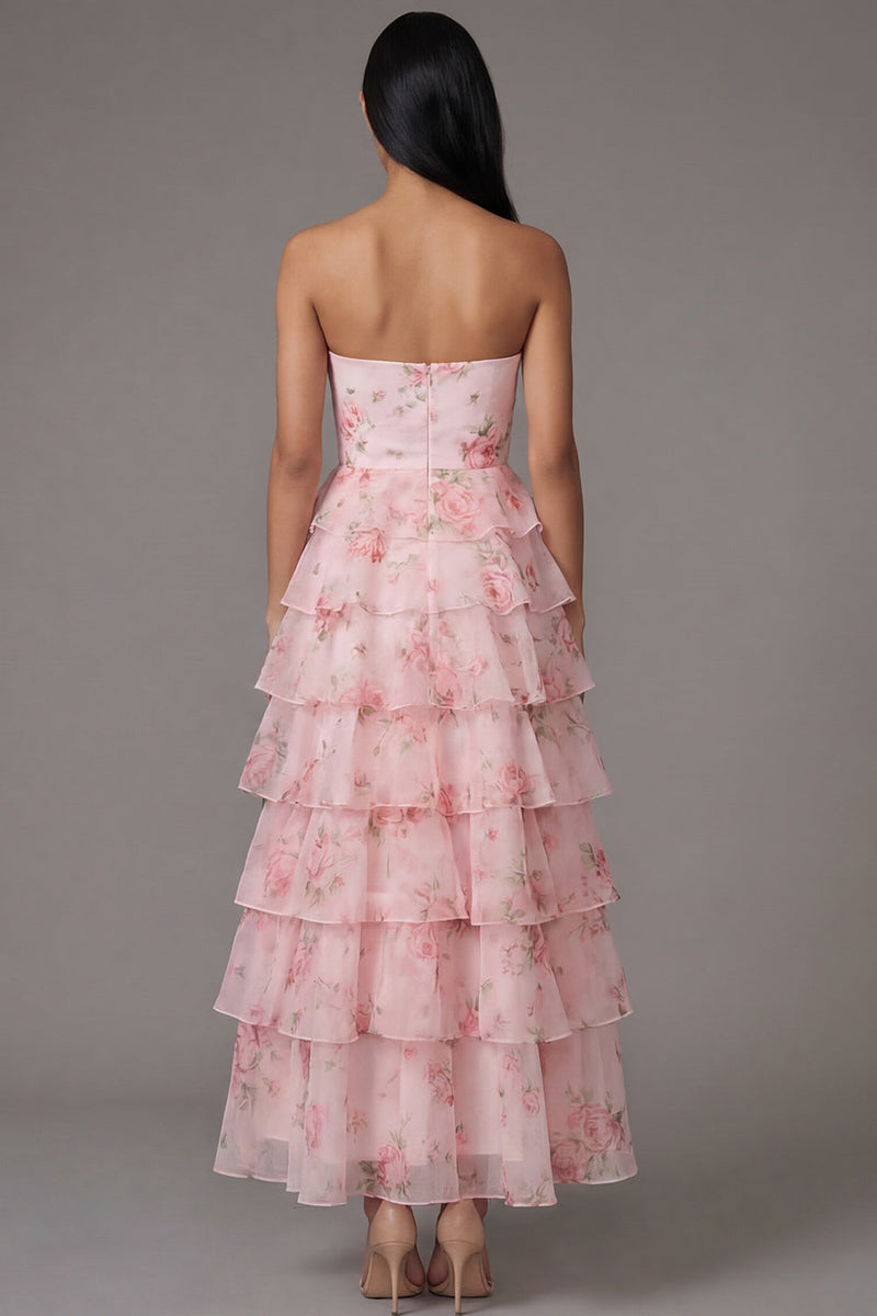 Laden Sie das Bild in den Galerie-Viewer, Rosa Trägerloses A-Linie Chiffon Gestuftes Langes Hochzeitsgastkleid mit Blumenmuster