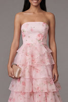 Laden Sie das Bild in den Galerie-Viewer, Rosa Trägerloses A-Linie Chiffon Gestuftes Langes Hochzeitsgastkleid mit Blumenmuster