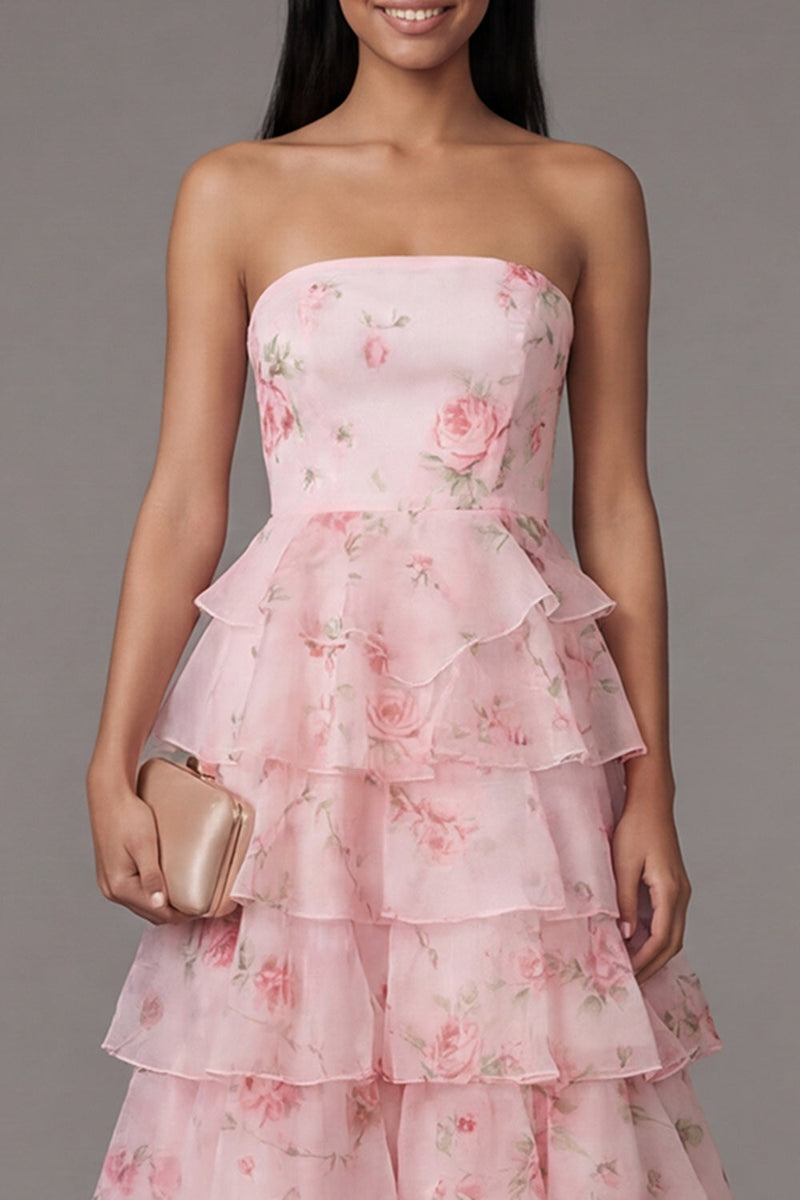 Laden Sie das Bild in den Galerie-Viewer, Rosa Trägerloses A-Linie Chiffon Gestuftes Langes Hochzeitsgastkleid mit Blumenmuster