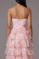 Laden Sie das Bild in den Galerie-Viewer, Rosa Trägerloses A-Linie Chiffon Gestuftes Langes Hochzeitsgastkleid mit Blumenmuster