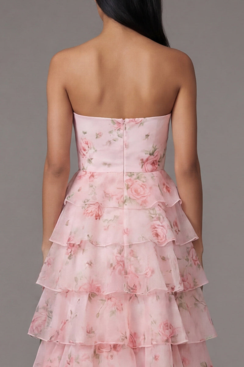 Laden Sie das Bild in den Galerie-Viewer, Rosa Trägerloses A-Linie Chiffon Gestuftes Langes Hochzeitsgastkleid mit Blumenmuster