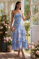 Laden Sie das Bild in den Galerie-Viewer, Chiffonblaues Scheidenloses, gestuftes, mit Blumenmuster langes Hochzeitskleider