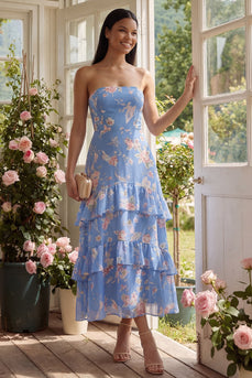 Chiffonblaues Scheidenloses, gestuftes, mit Blumenmuster langes Hochzeitskleider