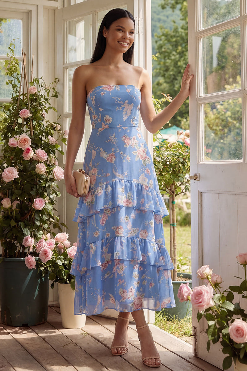 Laden Sie das Bild in den Galerie-Viewer, Chiffonblaues Scheidenloses, gestuftes, mit Blumenmuster langes Hochzeitskleider
